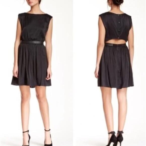 Alice + Olivia Black Silk Blend Cutout Sayah Dress with Leather Trim • Size M - Picture 1 of 8